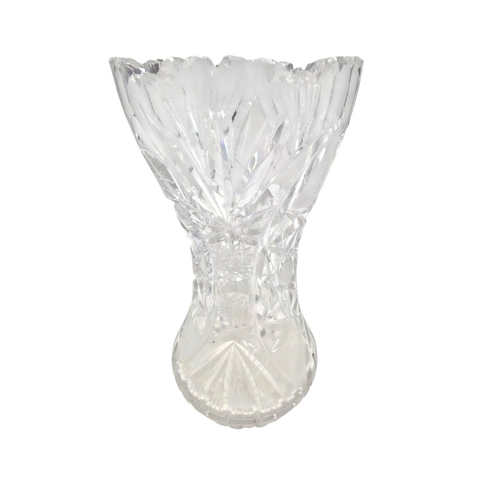 Vintage Heavy‎ Cut Lead Crystal Vase 10 Inch Scalloped Rim Starburst Pattern